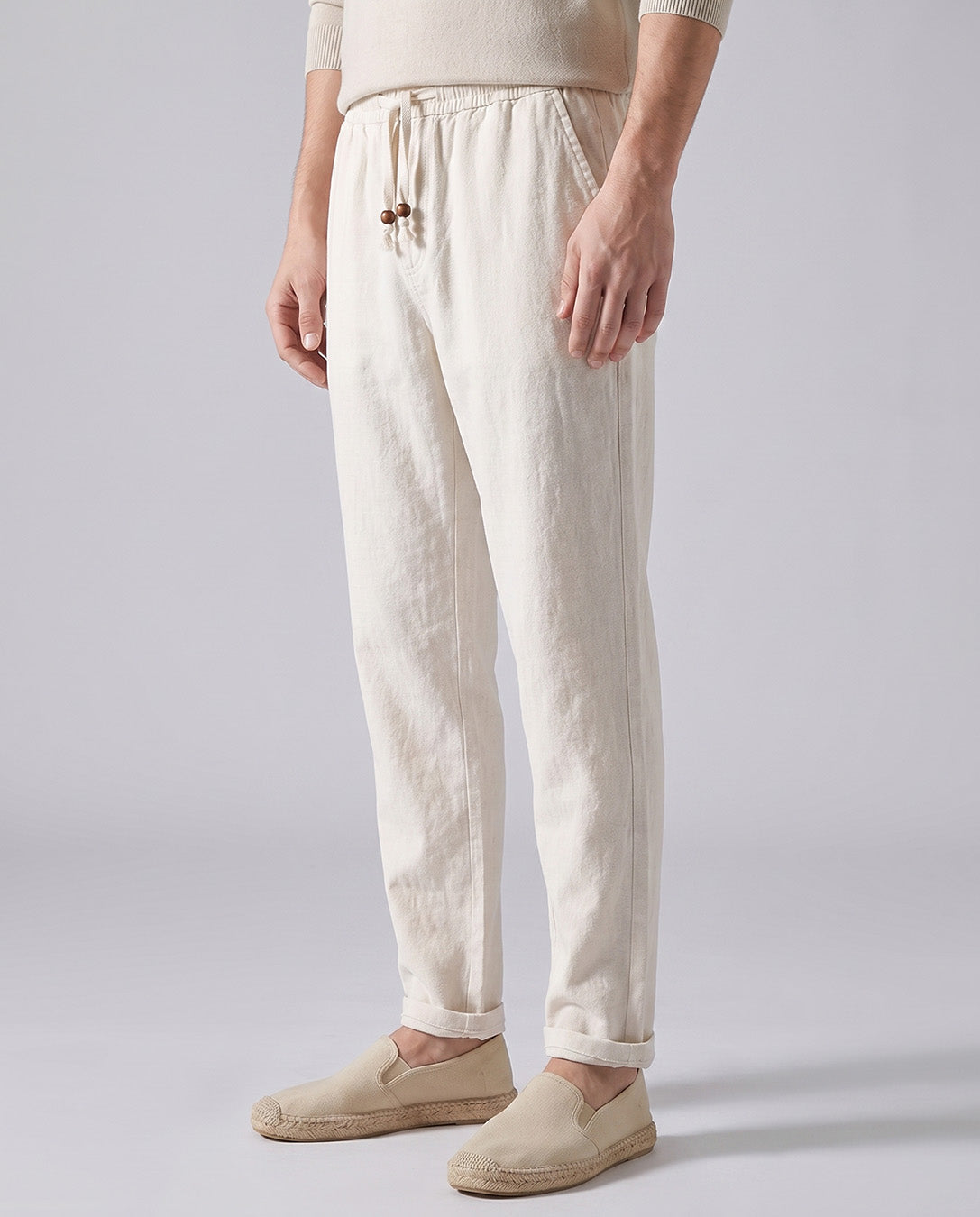 Men's Casual Linen Drawstring Pants in Beige by Hudson & Tate - side view