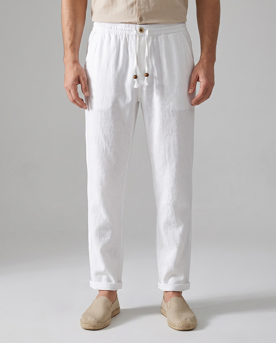 Men's Casual Linen Drawstring Pants in White by Hudson & Tate - front view