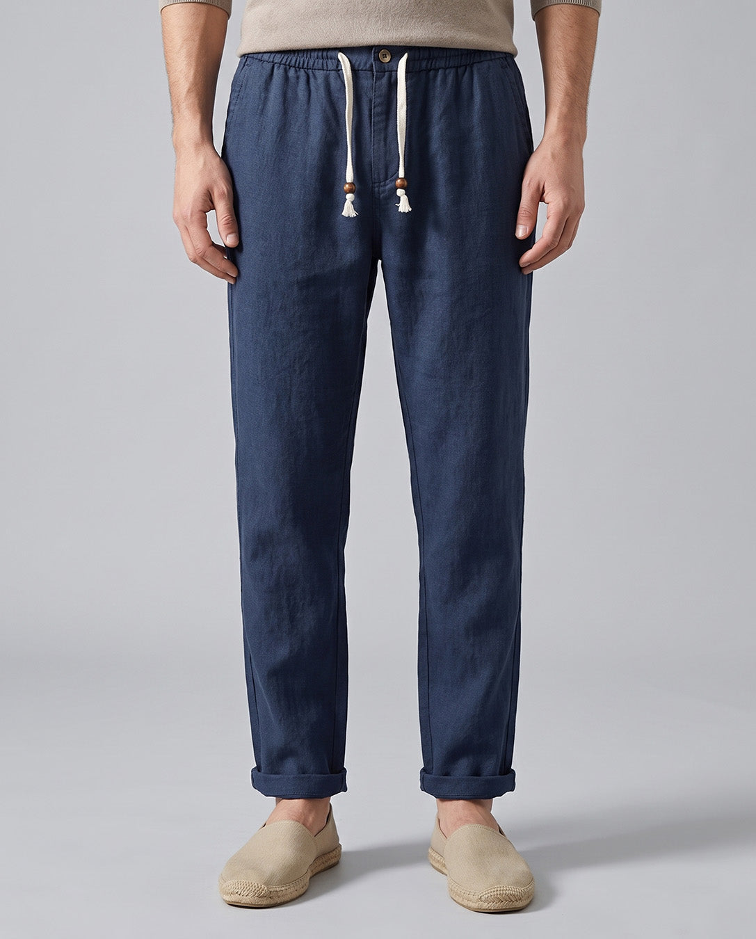 Men's Casual Linen Drawstring Pants in Navy by Hudson & Tate - front view