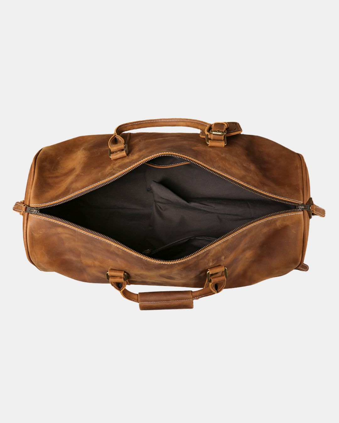 Interior view Men's brown crazy horse leather duffel bag with luggage tag and crossbody strap by Hudson & Tate.