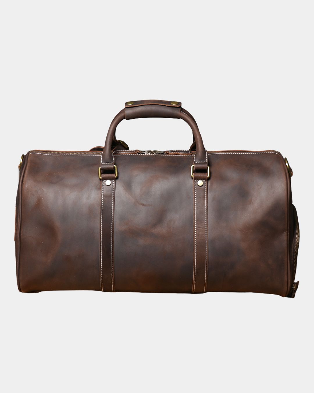 Back view Men's dark brown crazy horse leather duffel bag with luggage tag and crossbody strap by Hudson & Tate.