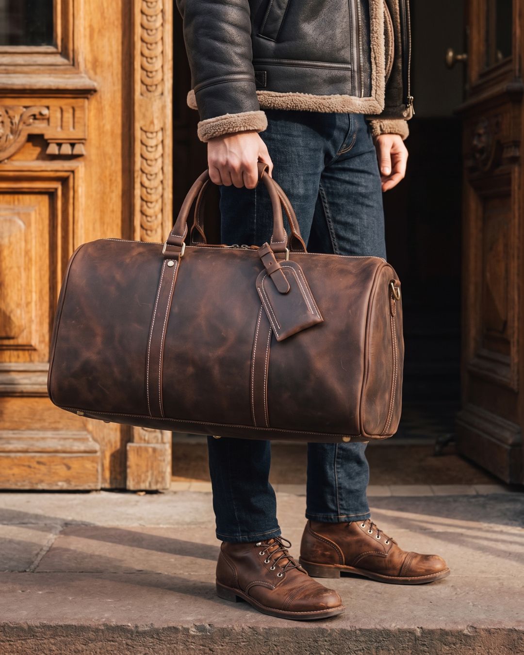 Lifestyle view of Men's dark brown crazy horse leather duffel bag with luggage tag and crossbody strap by Hudson & Tate.
