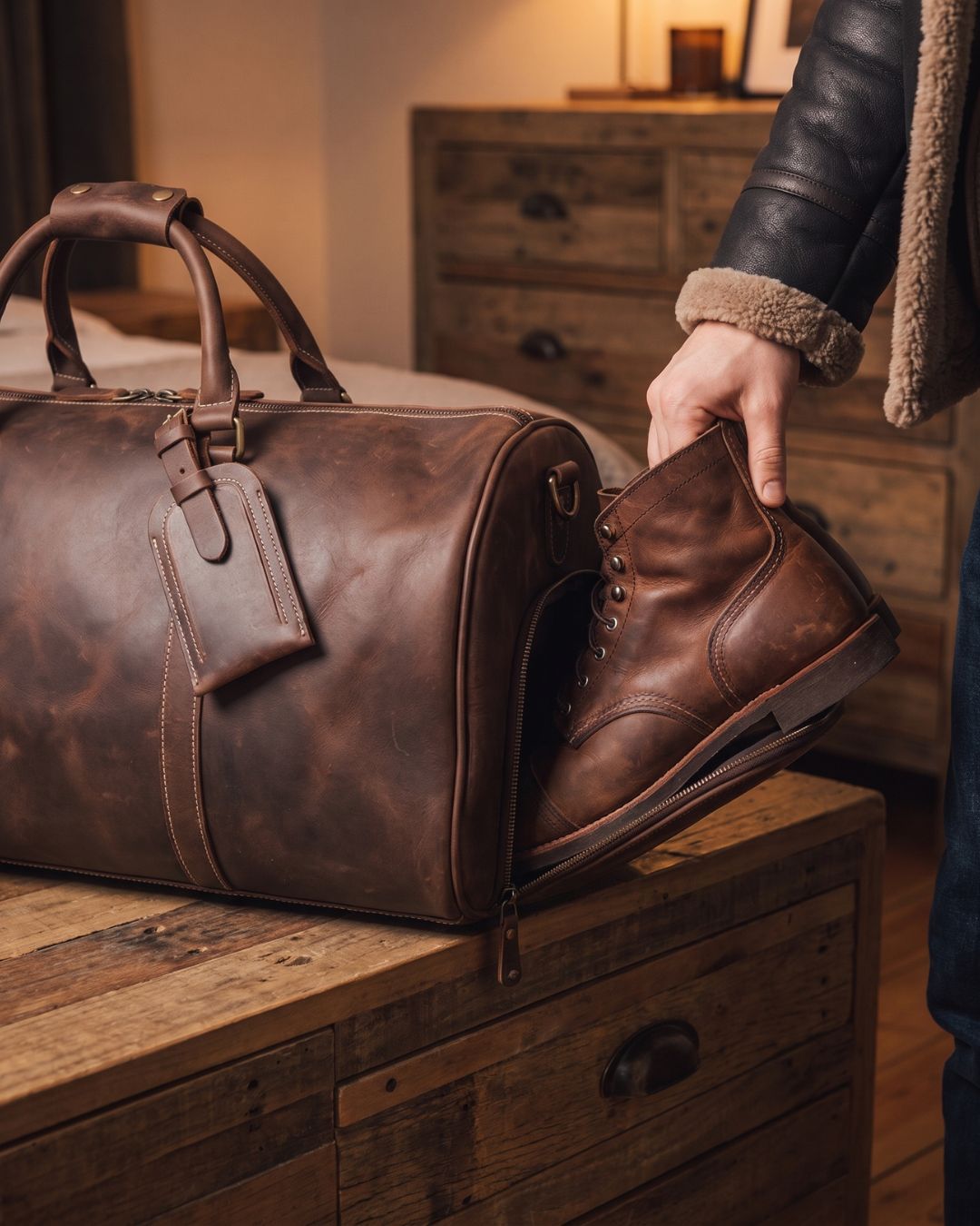 Angled view Men's brown and dark brown crazy horse leather duffel bag with luggage tag and crossbody strap by Hudson & Tate.
