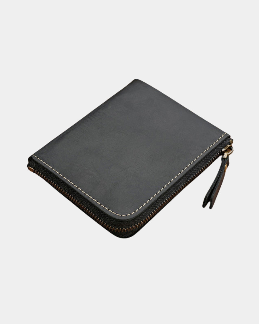 Black genuine cowhide leather men's wallet with a secure full zip-around closure and contrast stitching.