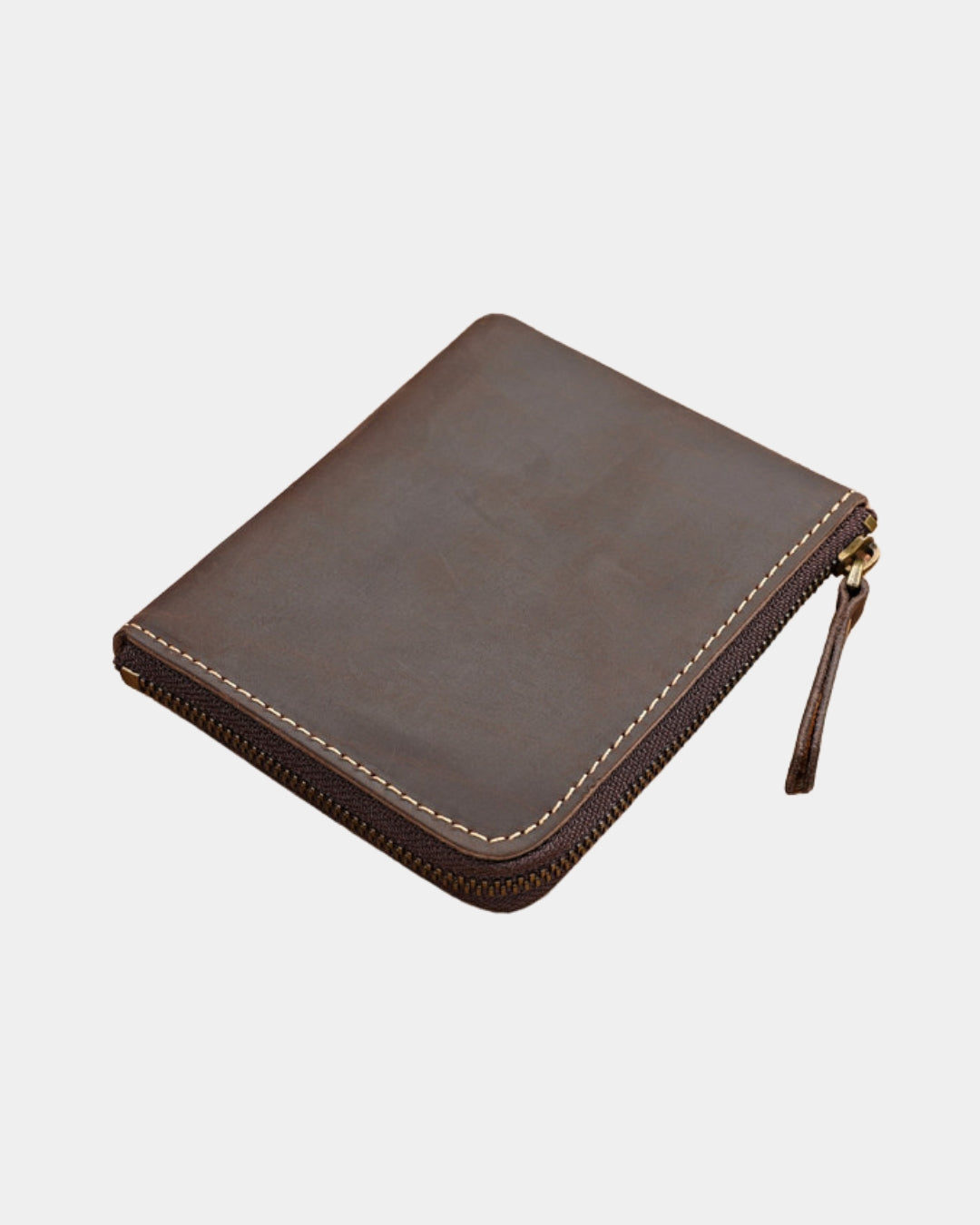 Compact brown genuine cowhide leather wallet with a secure full zip-around closure and contrast stitching.
