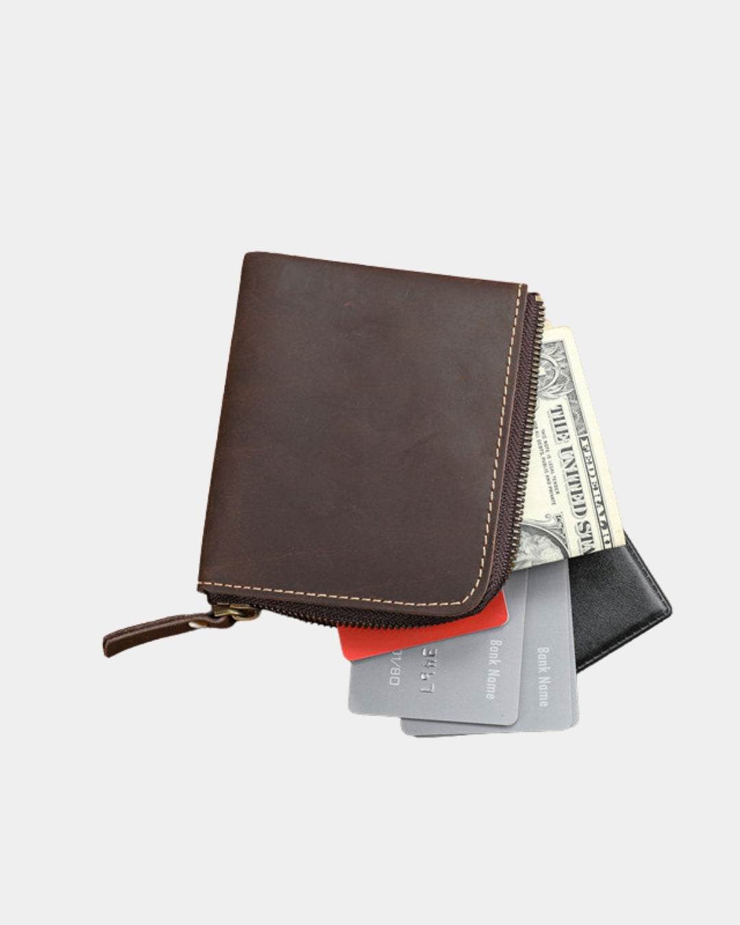 Dark brown genuine cowhide leather wallet with a secure zip-around closure, holding cash and credit cards.