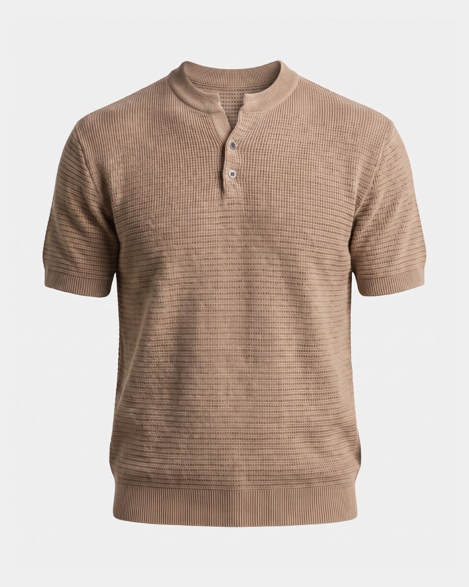 Brown short-sleeve henley shirt on a light gray background
