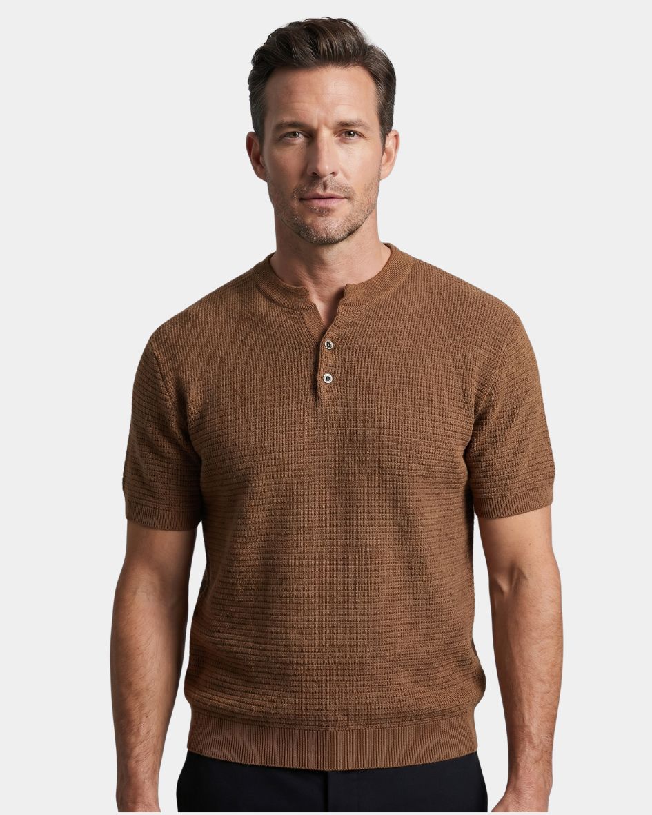 Man wearing a brown short-sleeve henley shirt on a light gray background