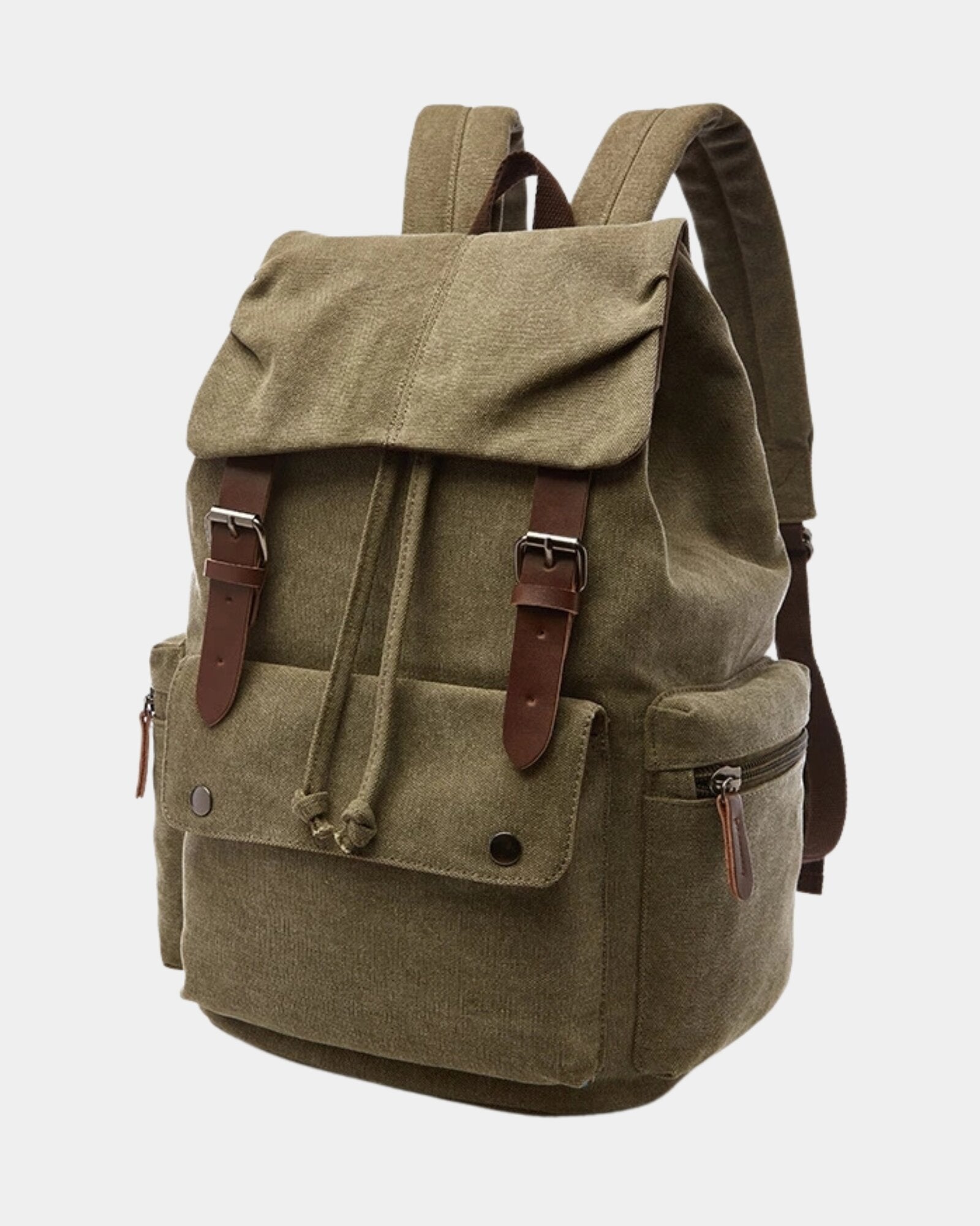 Angled view of Ashton Vintage Canvas Backpack in army green canvas
