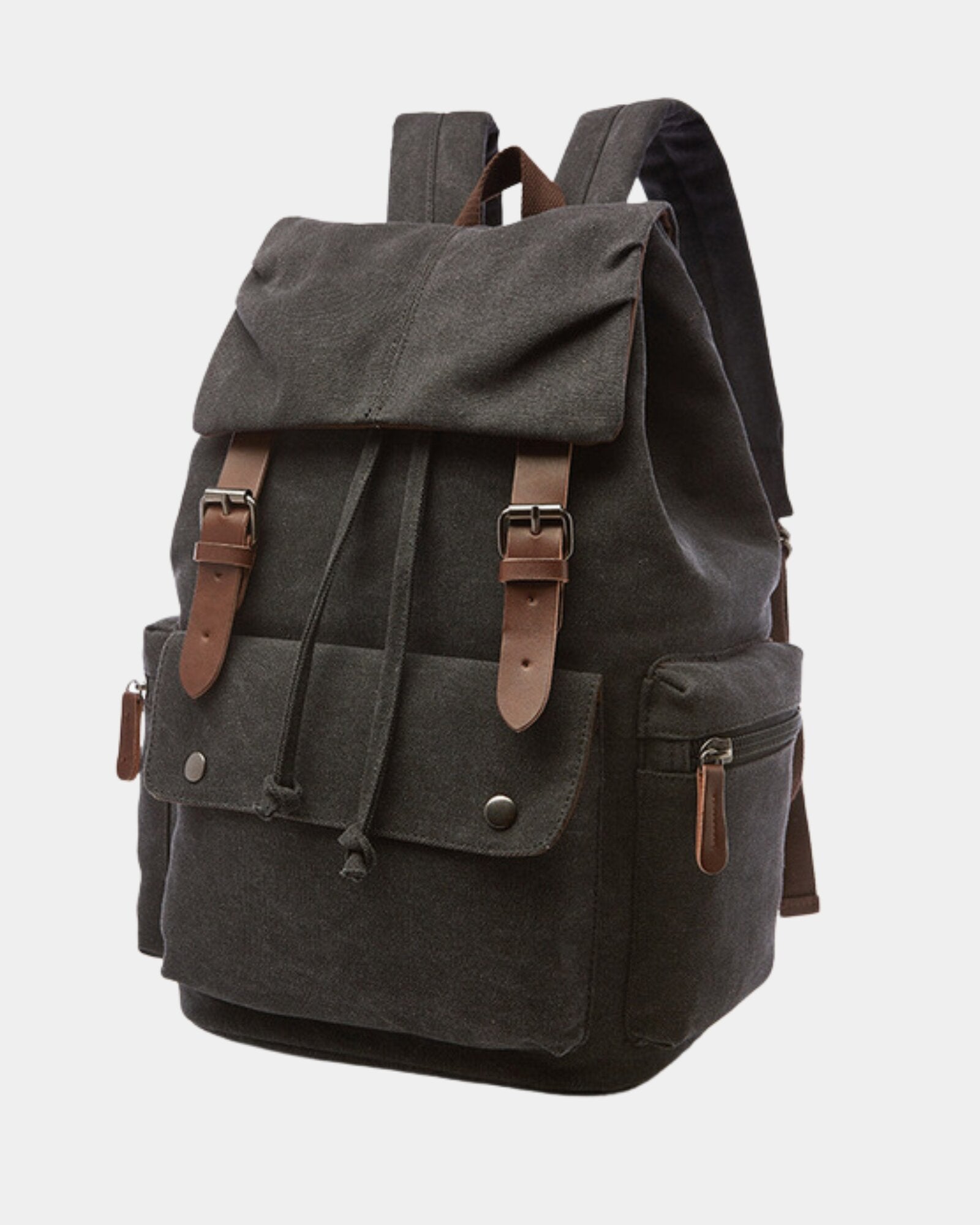 Angled view of Ashton Vintage Canvas Backpack in black canvas