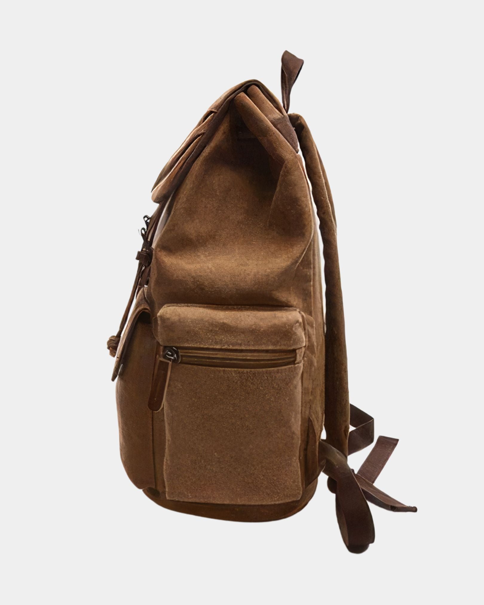 Ashton Vintage Canvas Backpack in brown full side view with zip pocket