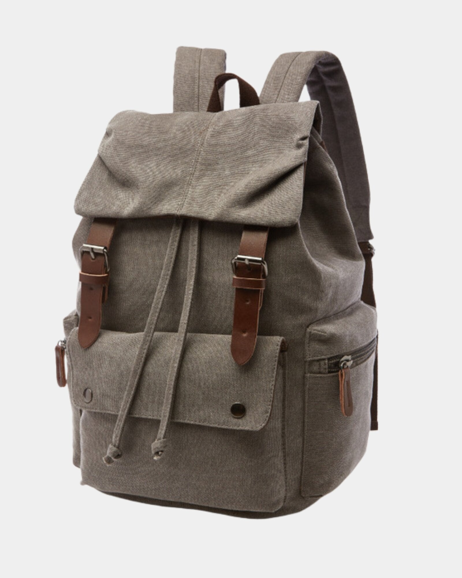 Angled view of Ashton Vintage Canvas Backpack in gray canvas