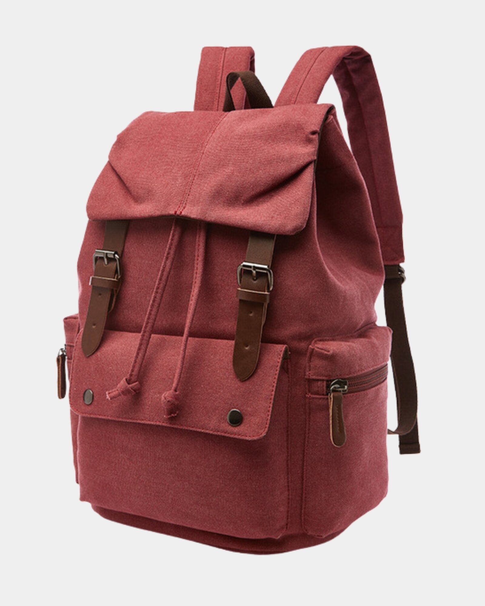 Angled view of Ashton Vintage Canvas Backpack in red canvas