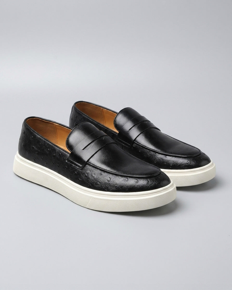Pair of Belmont men's black penny loafer sneakers with ostrich-effect embossed upper and off-white cupsole