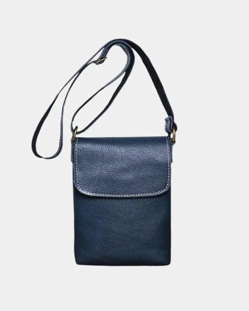 Front view of Brescia men's blue genuine leather phone bag with contrast stitching and adjustable leather strap