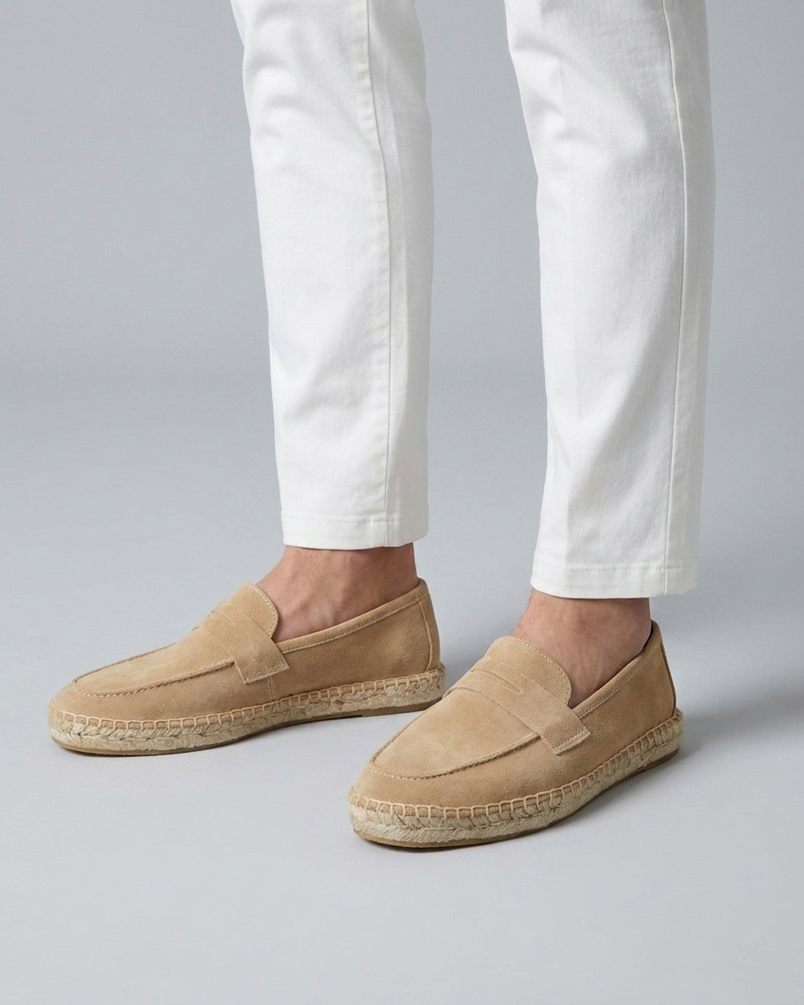 Cadiz men's beige suede espadrille loafers styled with white trousers