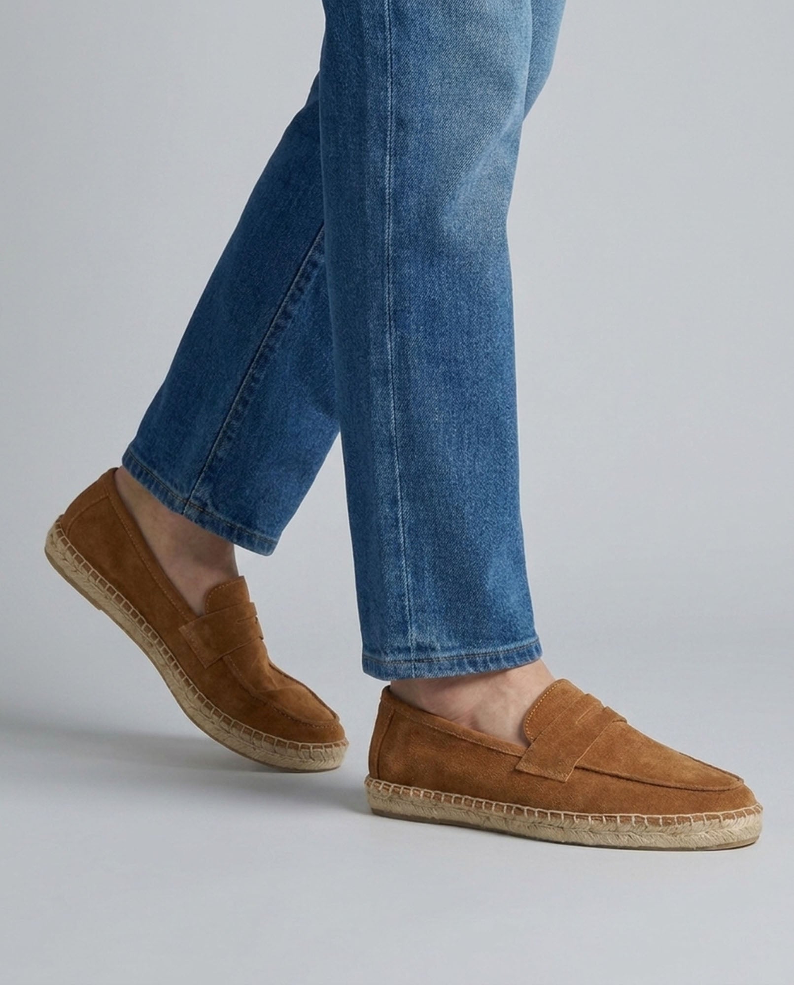 Cadiz men's camel suede espadrille loafers worn with blue jeans