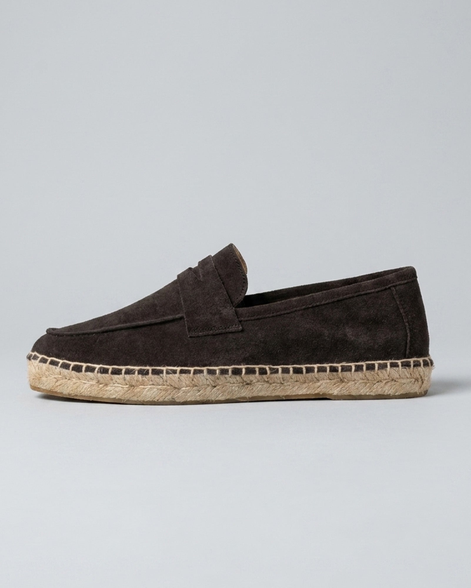 Side view of Cadiz men's dark brown suede espadrille loafer