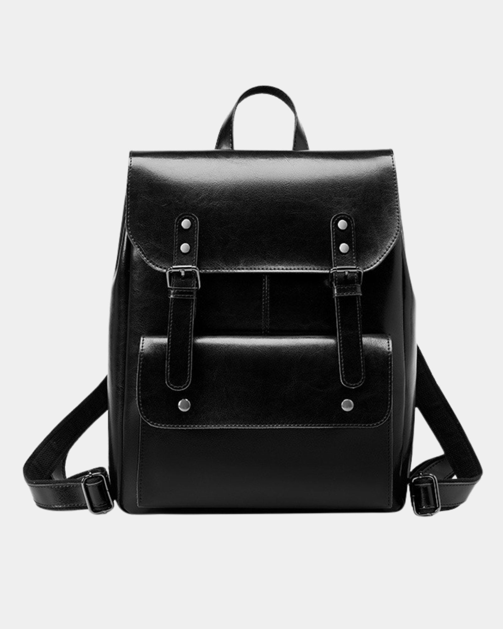 Front view of Cambridge black leather backpack with dual buckle straps and dark metal hardware