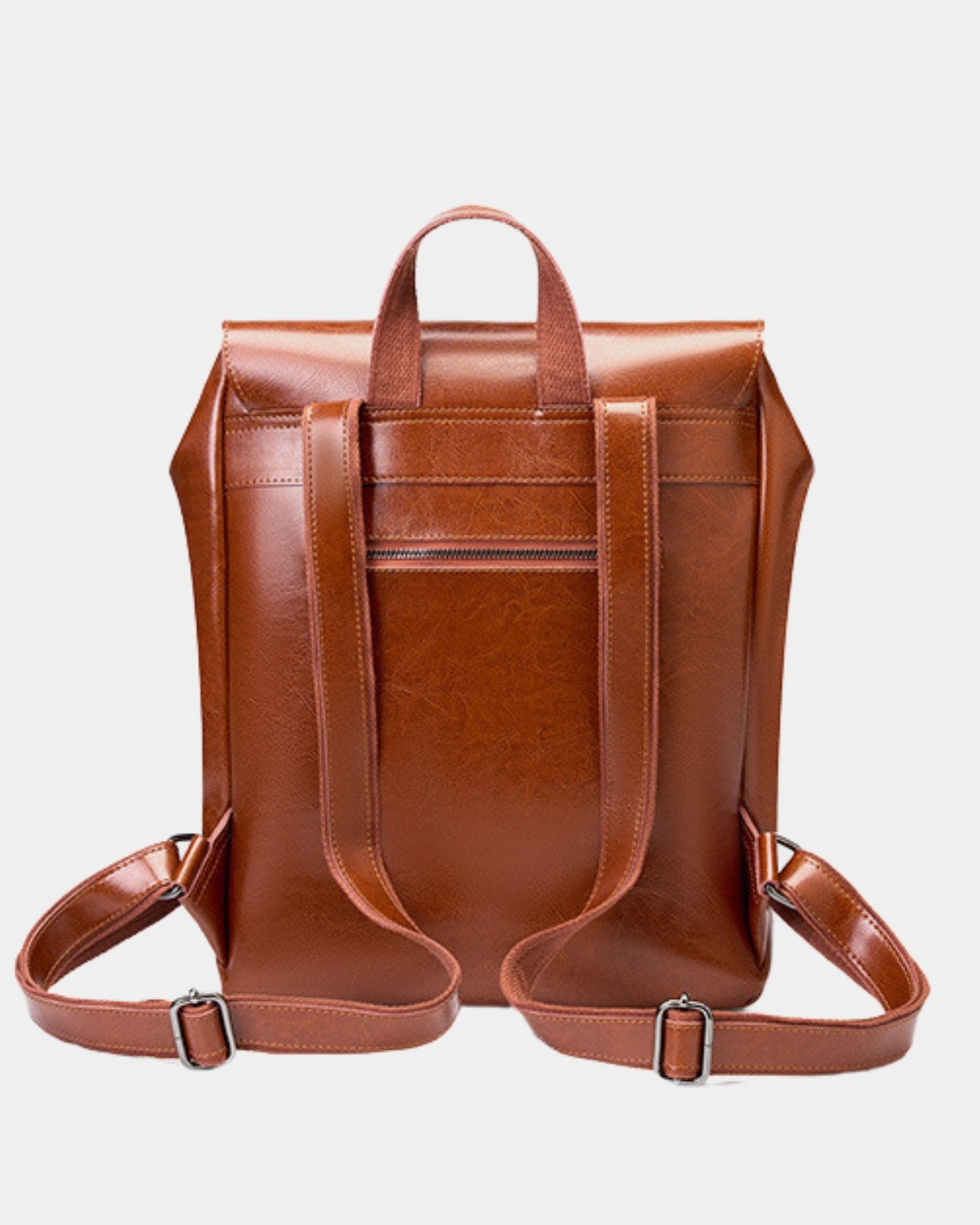 Rear view of Cambridge brown leather backpack showing back zip pocket and shoulder straps