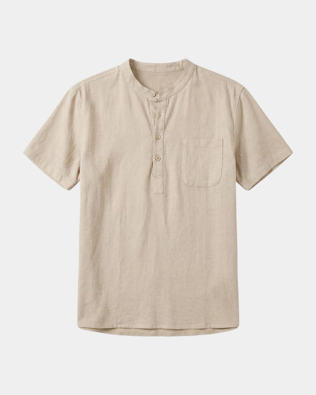 A light beige short-sleeve linen henley shirt with a three-button placket and a chest pocket, displayed flat against a light gray background.