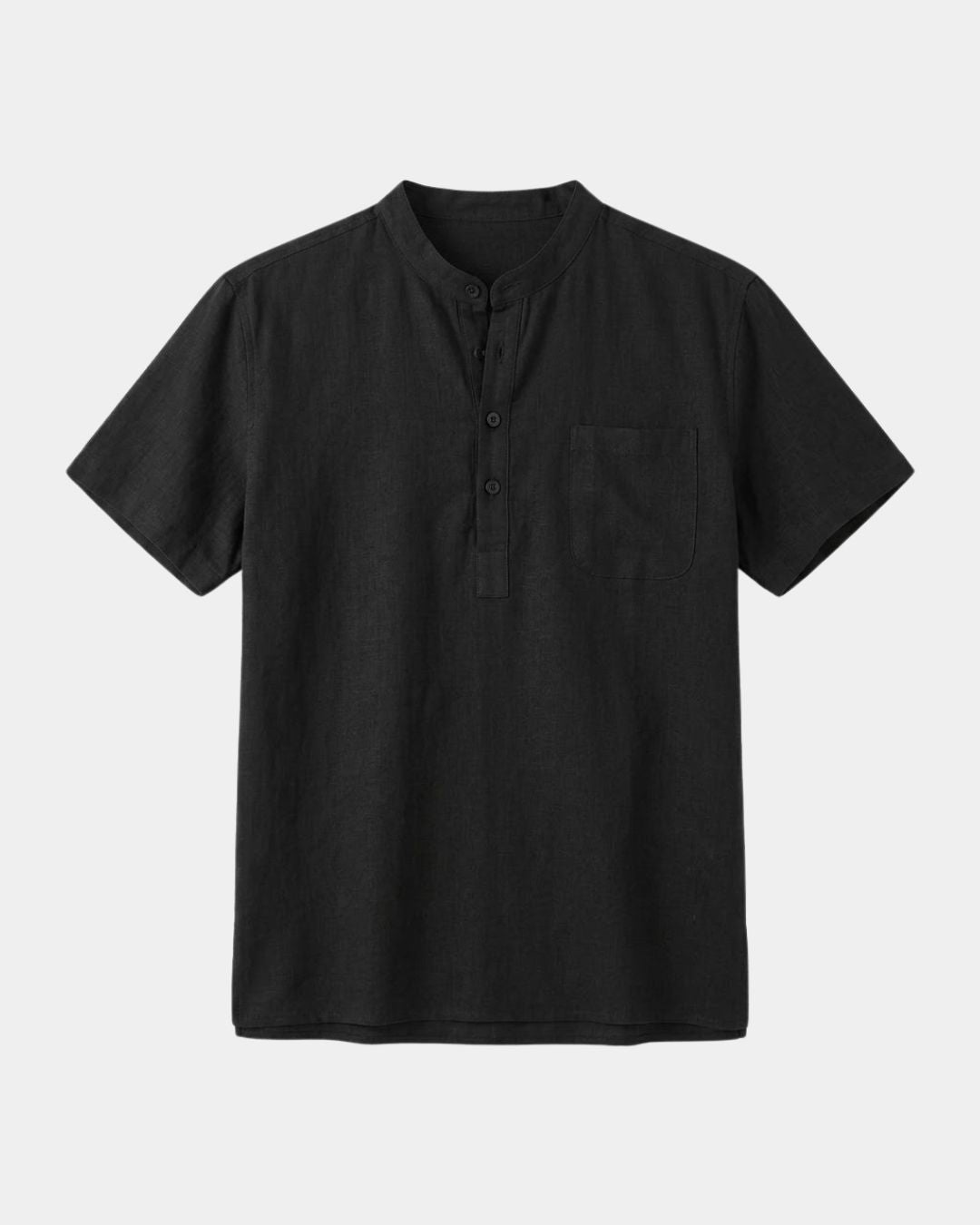 A black short-sleeve henley shirt with a three-button placket and a chest pocket, displayed on a light gray background.