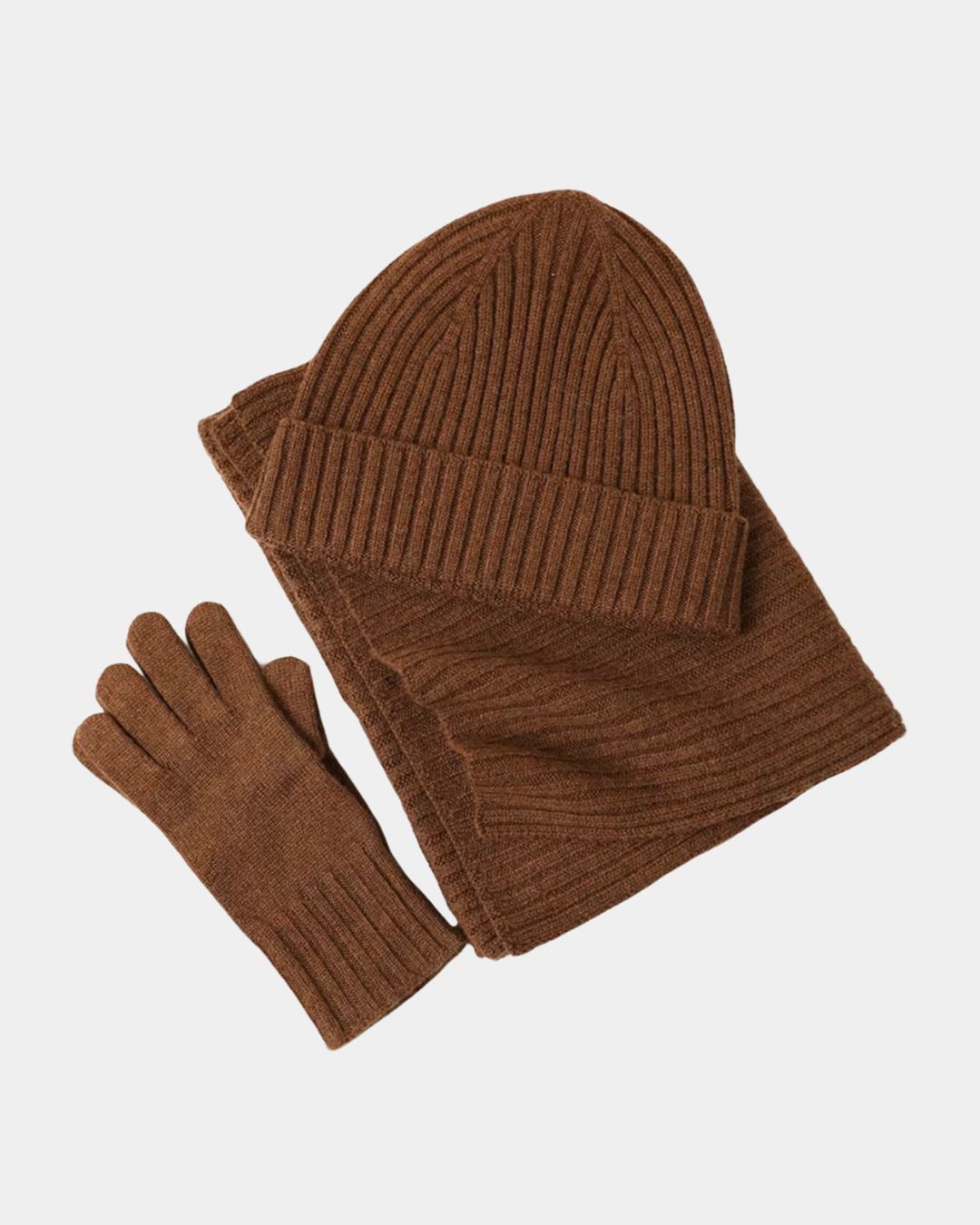 Brown cashmere winter set featuring a ribbed knit beanie, matching long scarf, and soft knit gloves.