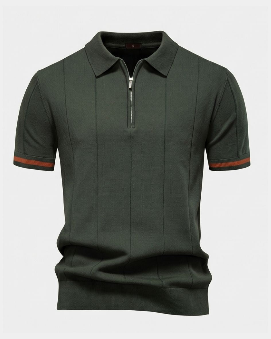Green polo shirt with a zipper on a light gray background