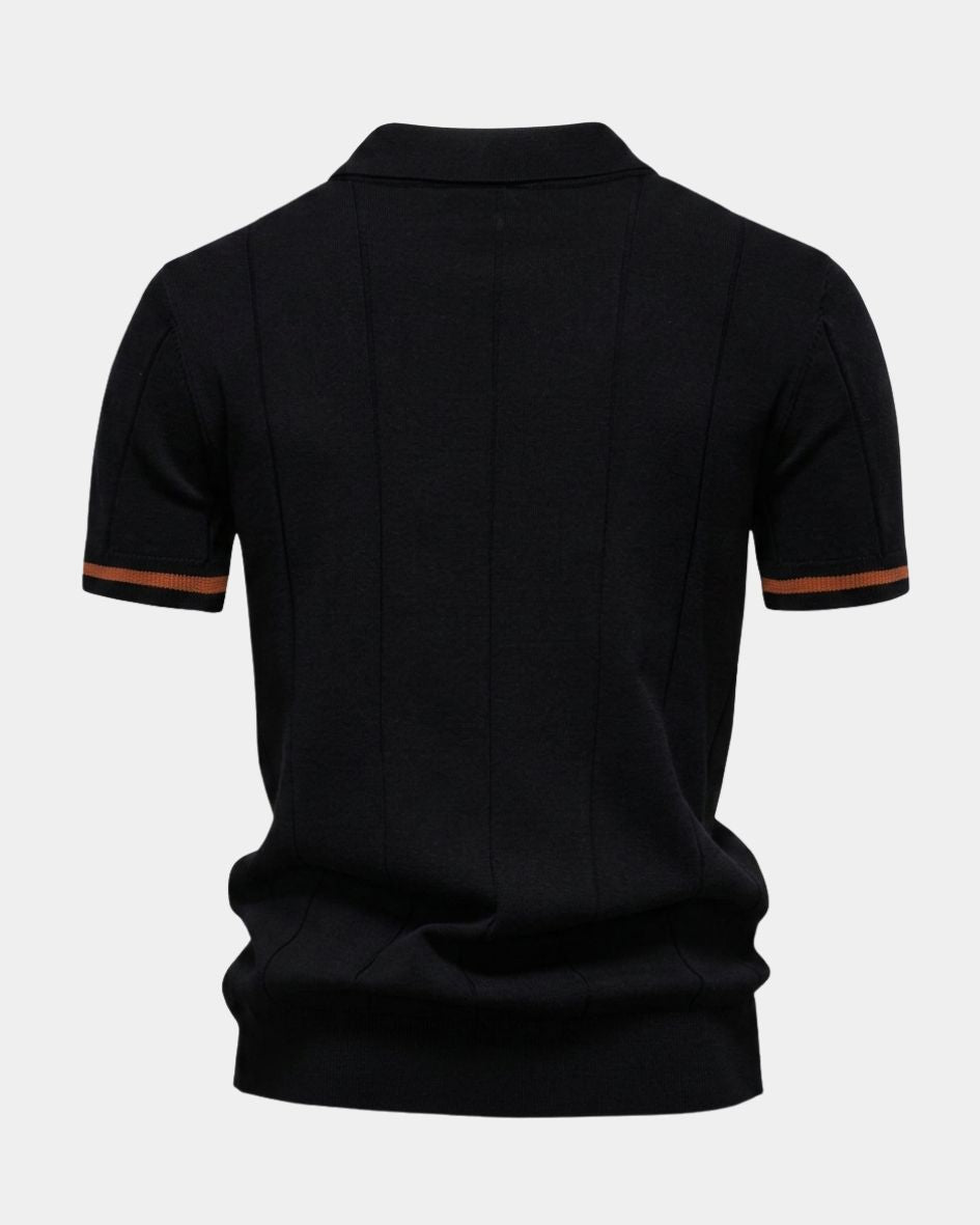 Black polo shirt with black trim on a white background