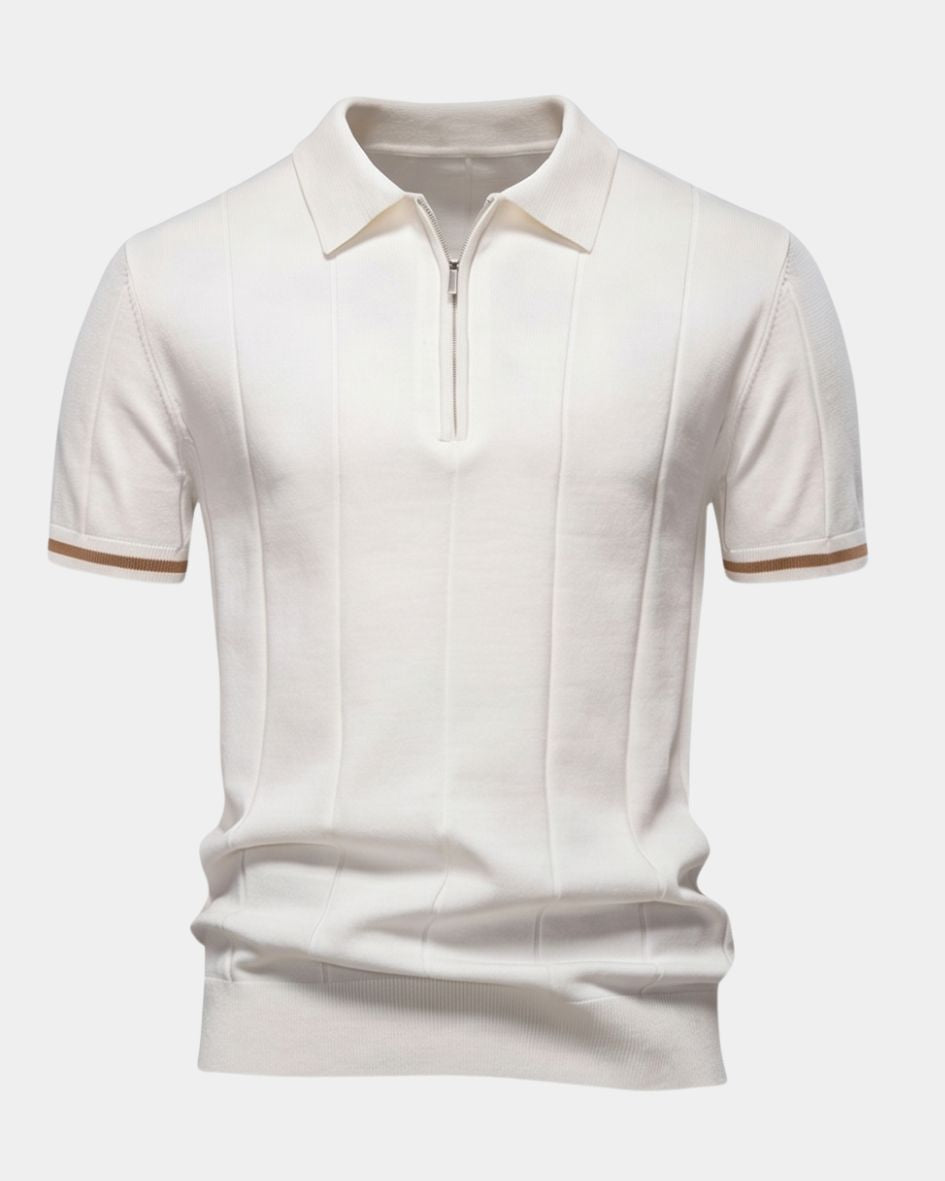 White polo shirt with brown trim on a white background