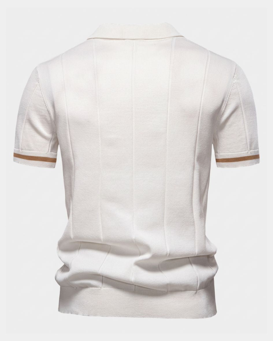 White short-sleeve shirt with brown stripes on a white background