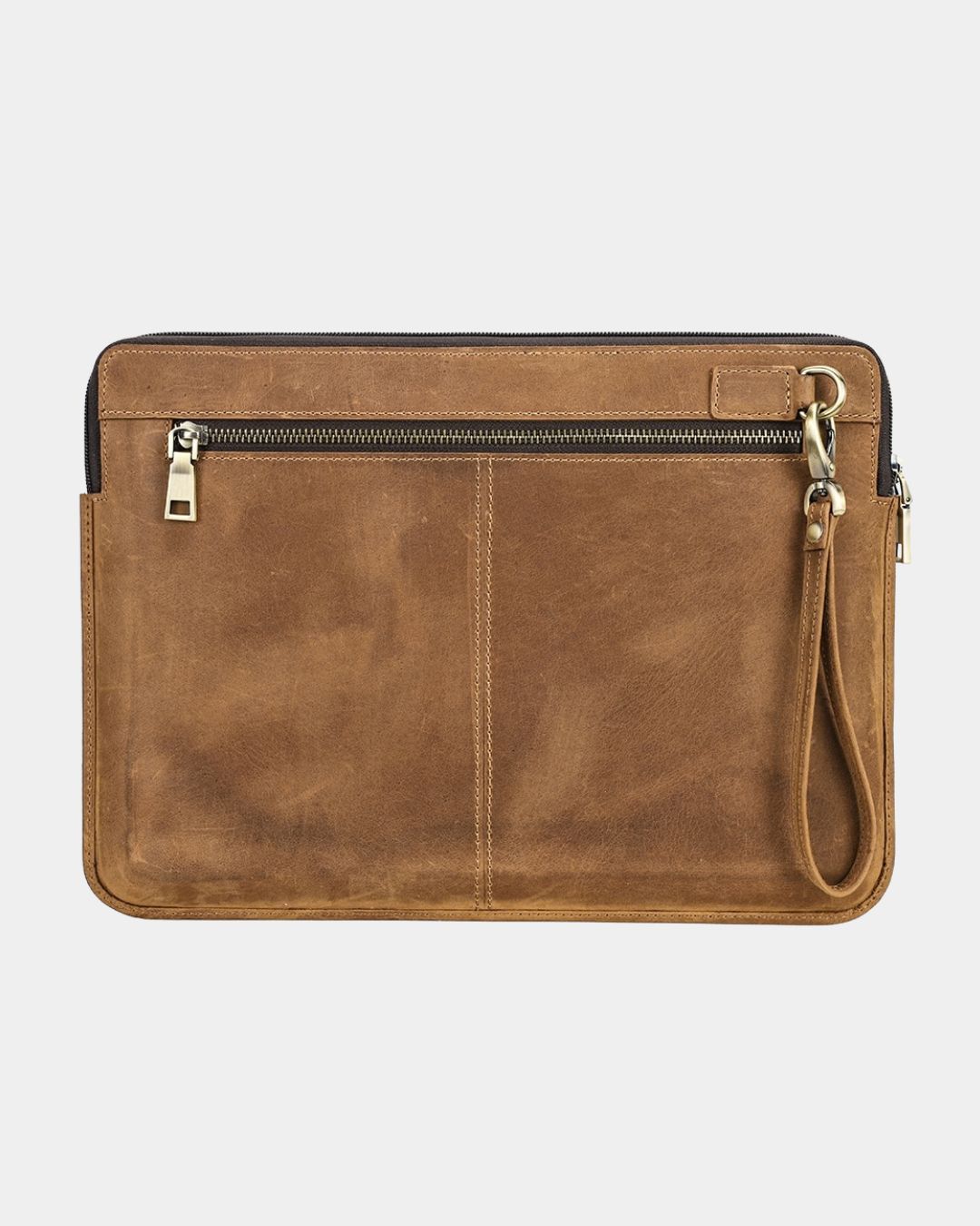 Distressed brown Crazy Horse leather 14-inch MacBook sleeve with a front zip pocket and detachable wrist strap.