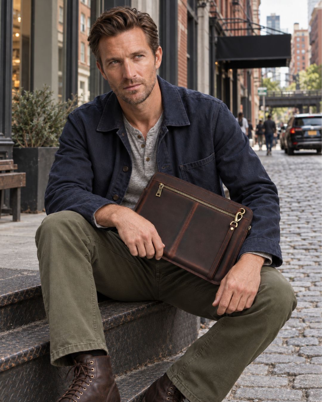 Man holding a brown Crazy Horse leather 14-inch MacBook sleeve with a front zip pocket and wrist strap on a city street.