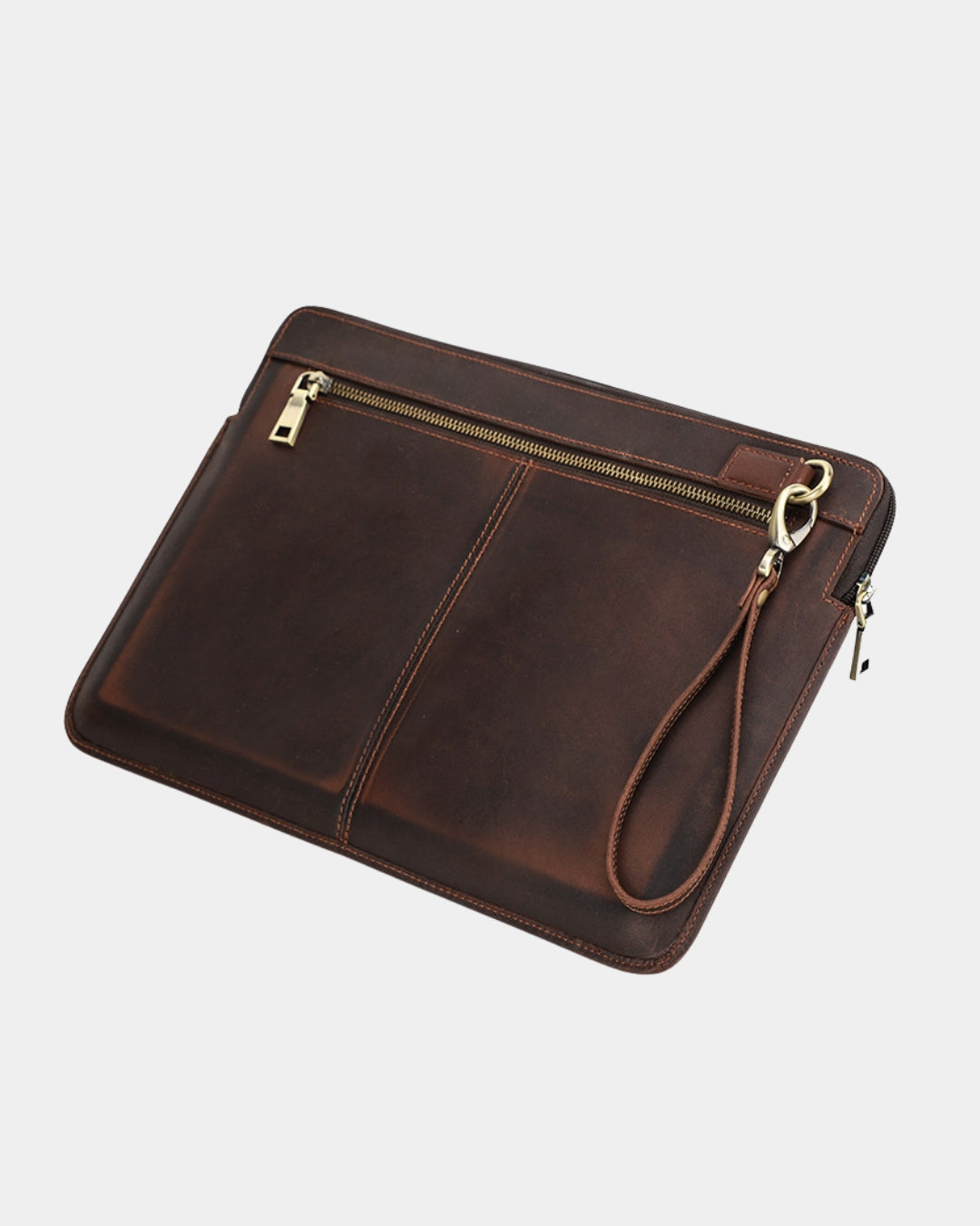 Distressed brown Crazy Horse leather laptop sleeve for 14-inch MacBook with a front zip pocket and detachable wrist strap.