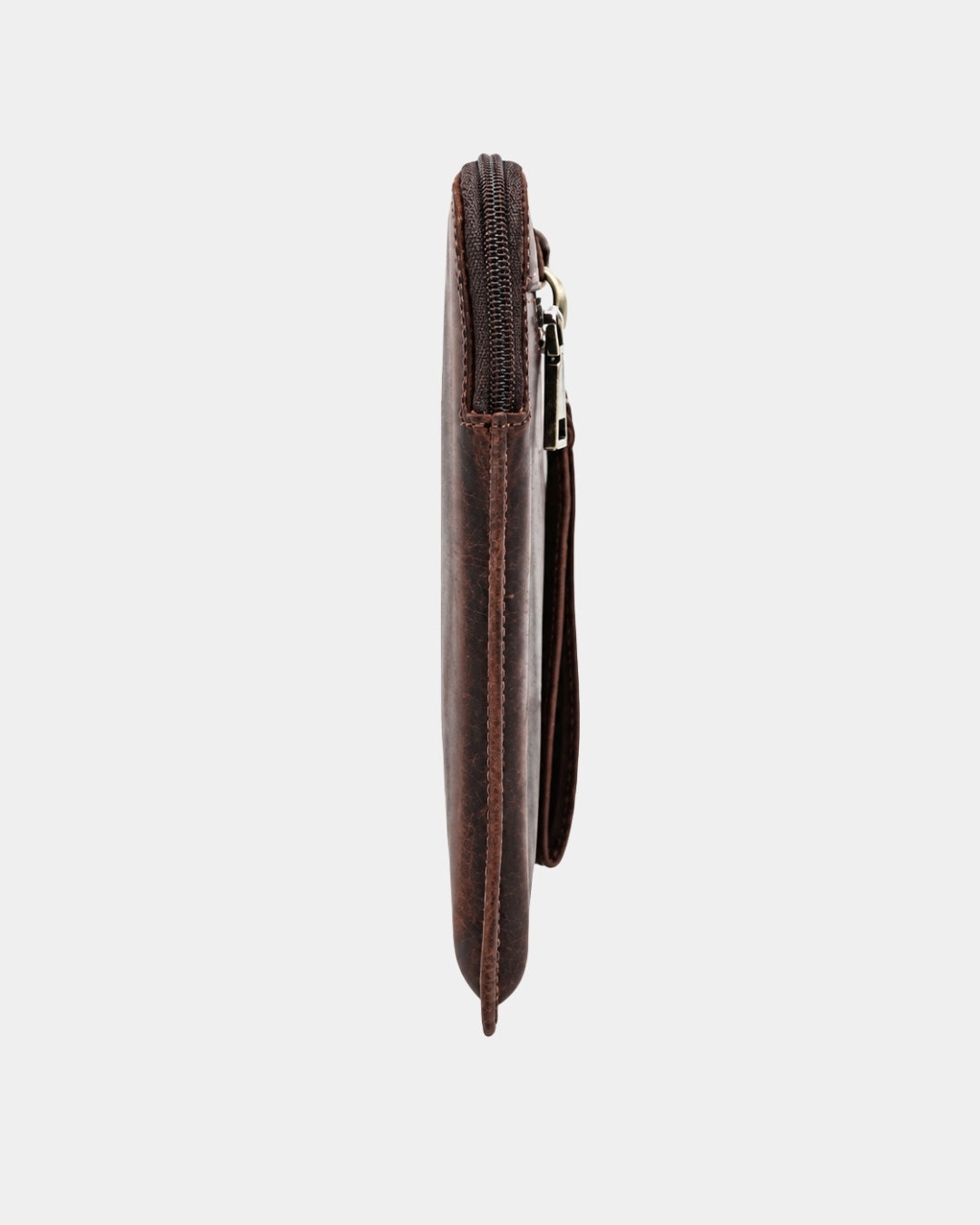 Slim brown Crazy Horse leather laptop sleeve for 14-inch MacBook with a side zipper and wrist strap.