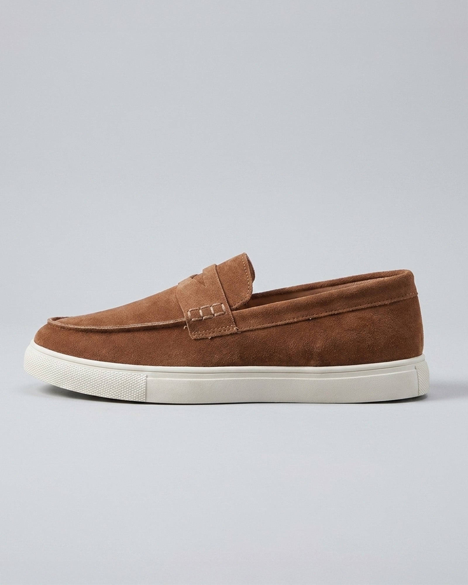 Side view of Dunley men's camel penny loafer