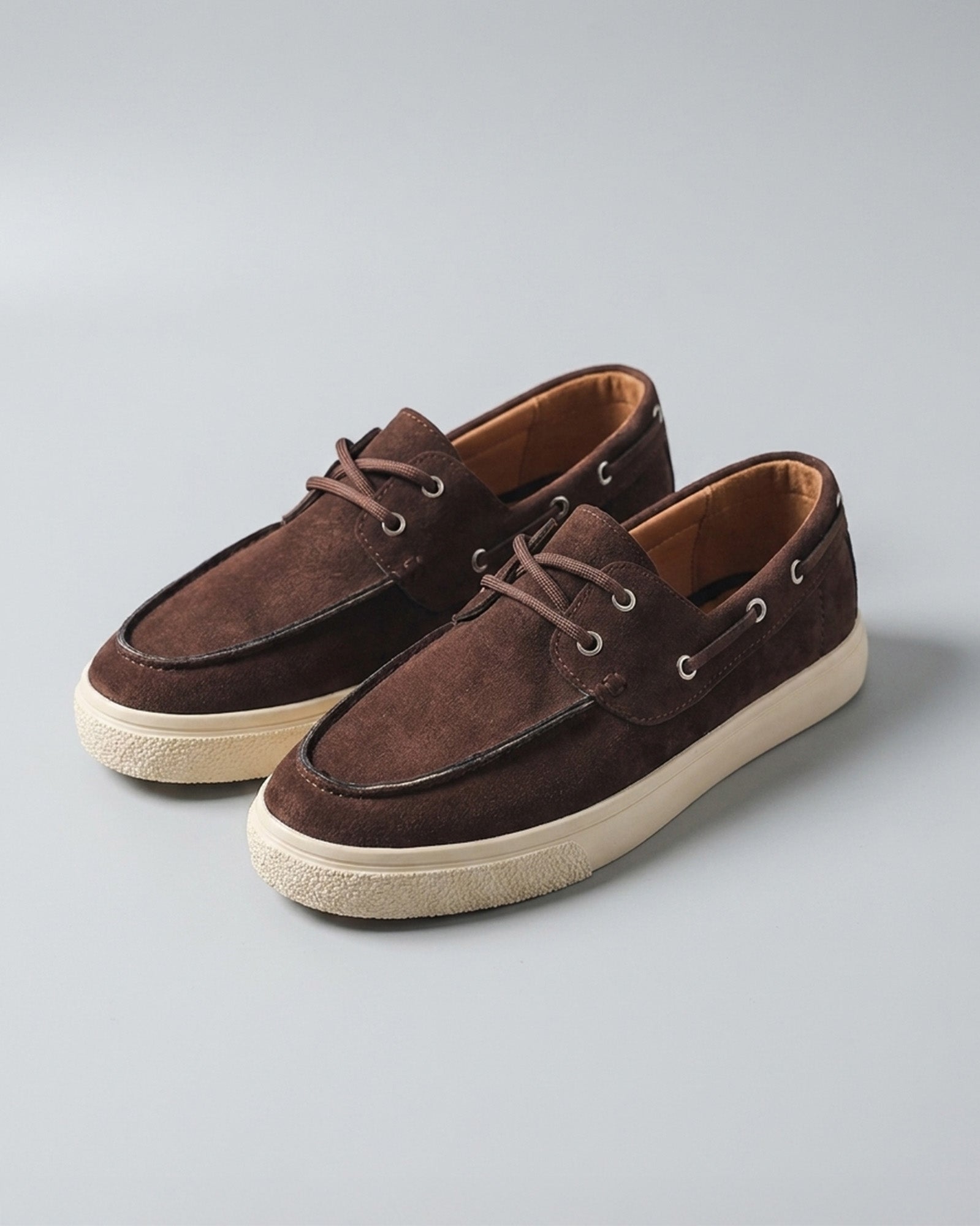 Pair of Harwich men's suede boat shoe sneakers in brown with cream cupsole