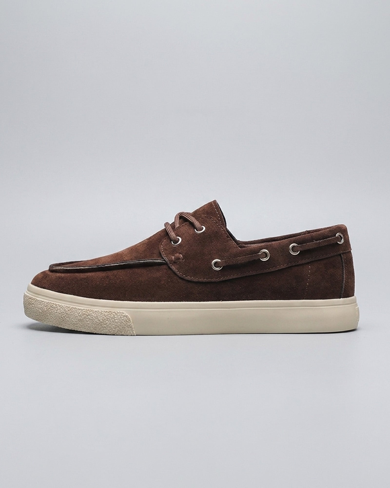 Side view of Harwich men's suede boat shoe sneaker in brown with cream cupsole