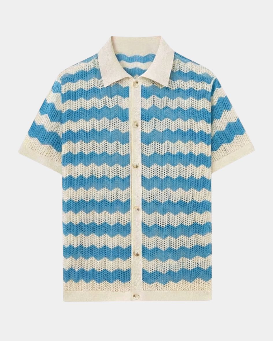 Knitted shirt with blue and white zigzag pattern on a light gray background
