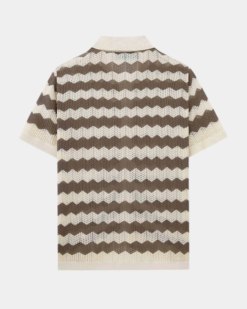 Back view of a brown and beige striped knitted shirt on a white background