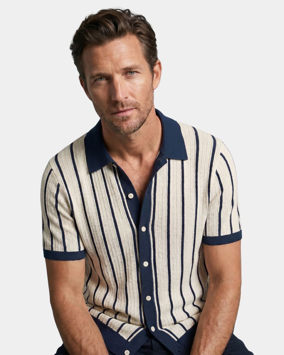 Man wearing a striped shirt with a white background