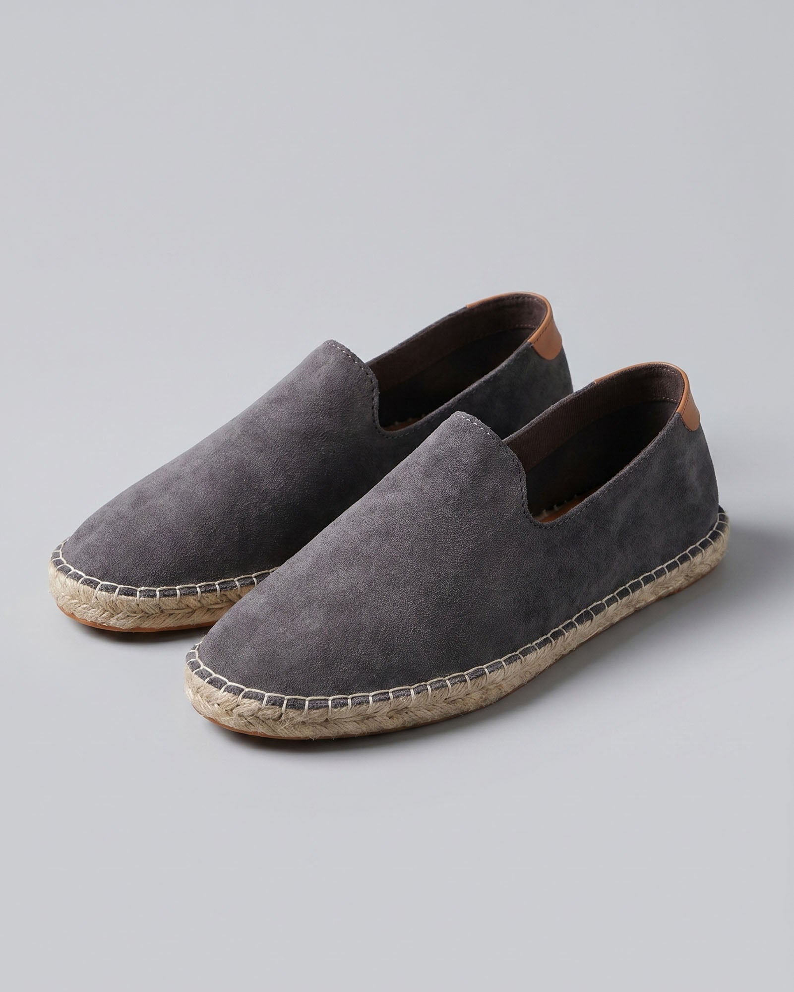 Pair of Malaga men's gray suede espadrille loafers with braided jute-trimmed sole