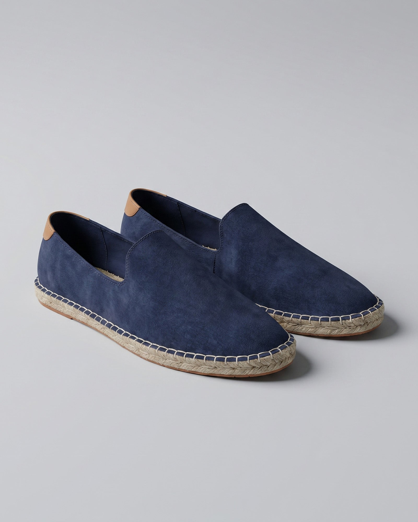 Pair of Malaga men's navy suede espadrille loafers with braided jute-trimmed sole