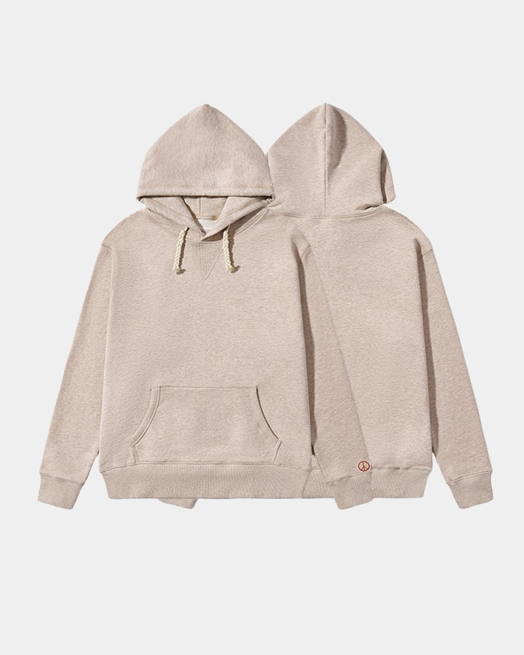 Beige oversized cotton pullover hoodie with drawstring hood, kangaroo pocket, and small embroidered peace symbol on sleeve.