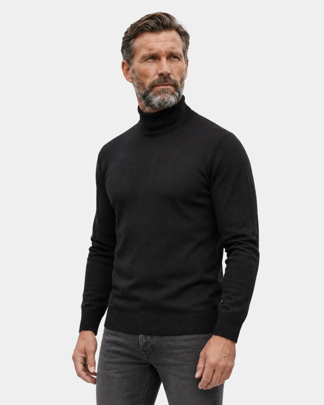 Man wearing a black long-sleeve turtleneck sweater with ribbed trim and a soft fleece-lined interior.