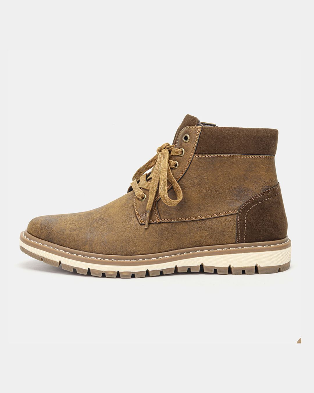 Men's brown lace-up ankle boots with a round toe, padded collar, side zipper, and a contrast rubber lug sole.