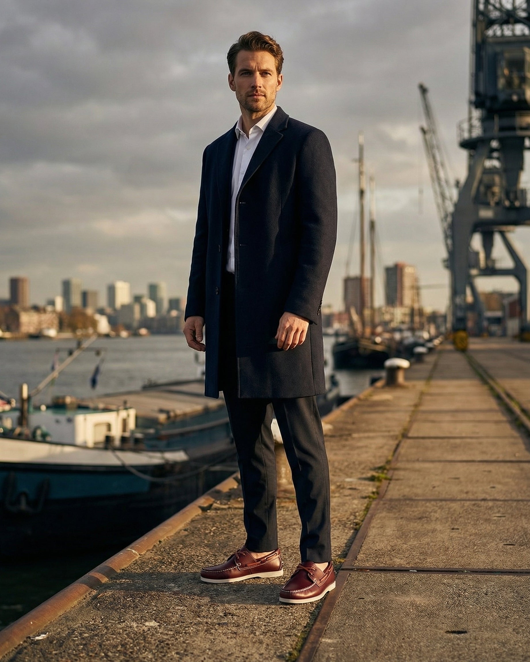 Men's burgundy faux leather boat shoes with white sole worn at a harbour dock