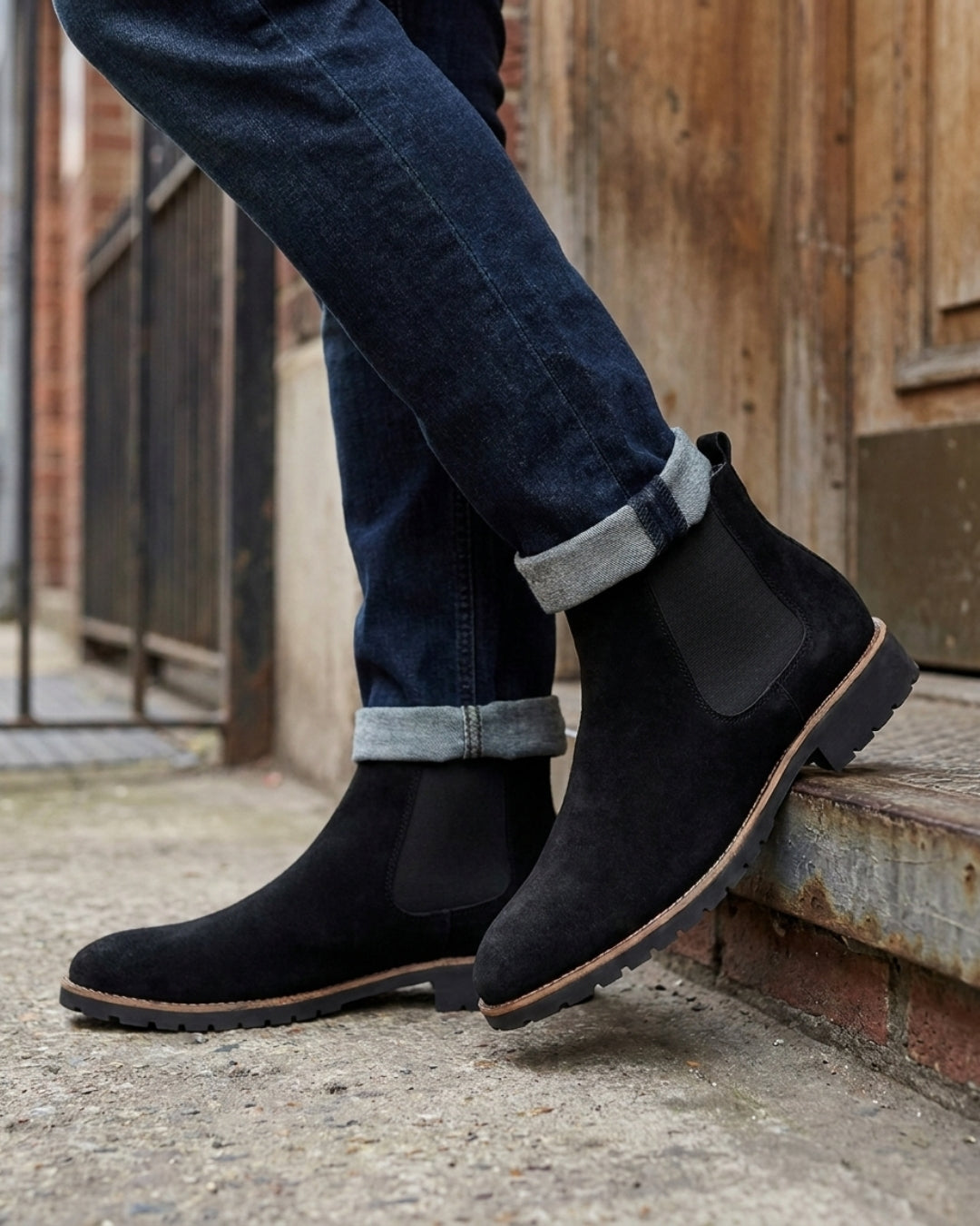 Men’s black suede Chelsea boots with elastic side panels, rounded toes, and durable rubber outsoles worn with dark denim.