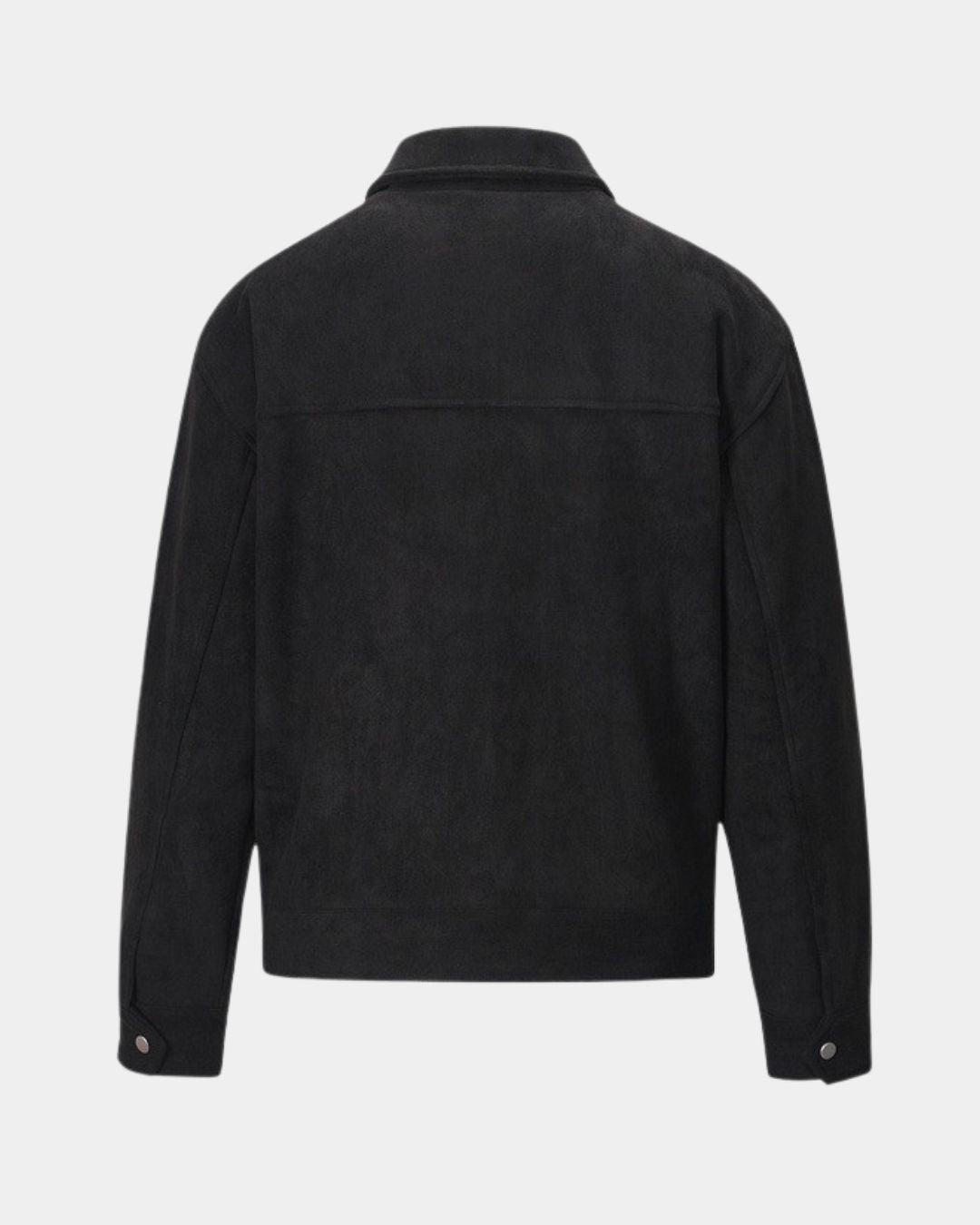 Back view of men's black casual suede look zip-up overshirt jacket