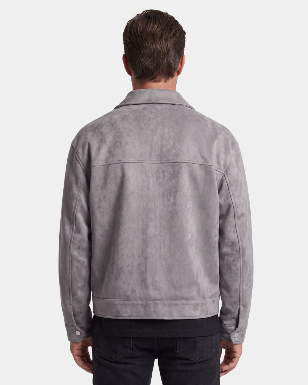 Back view of men's gray casual zip-up overshirt jacket with boxy fit